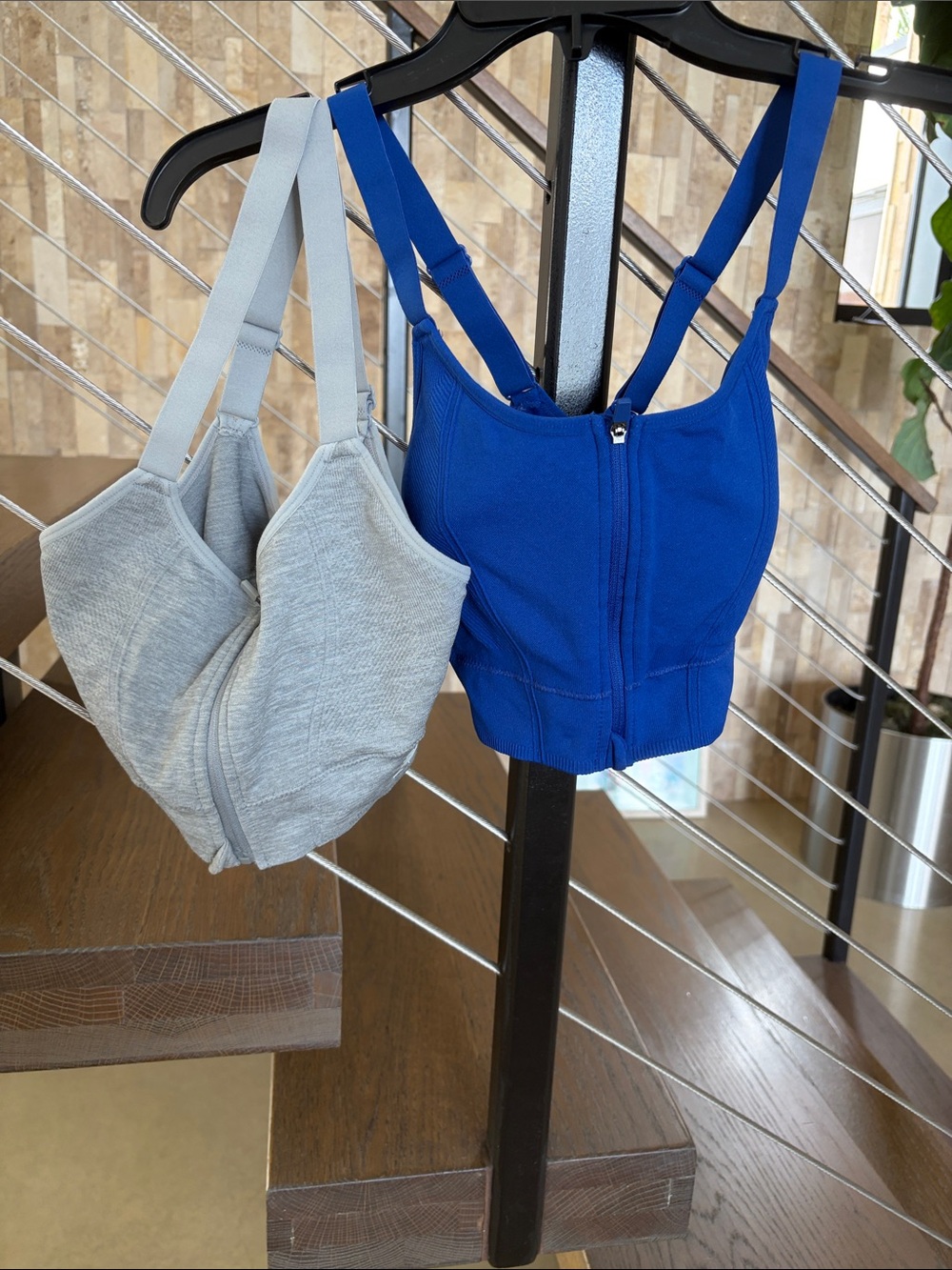 Blue and Light Gray Zip-Front Active Crop Tops